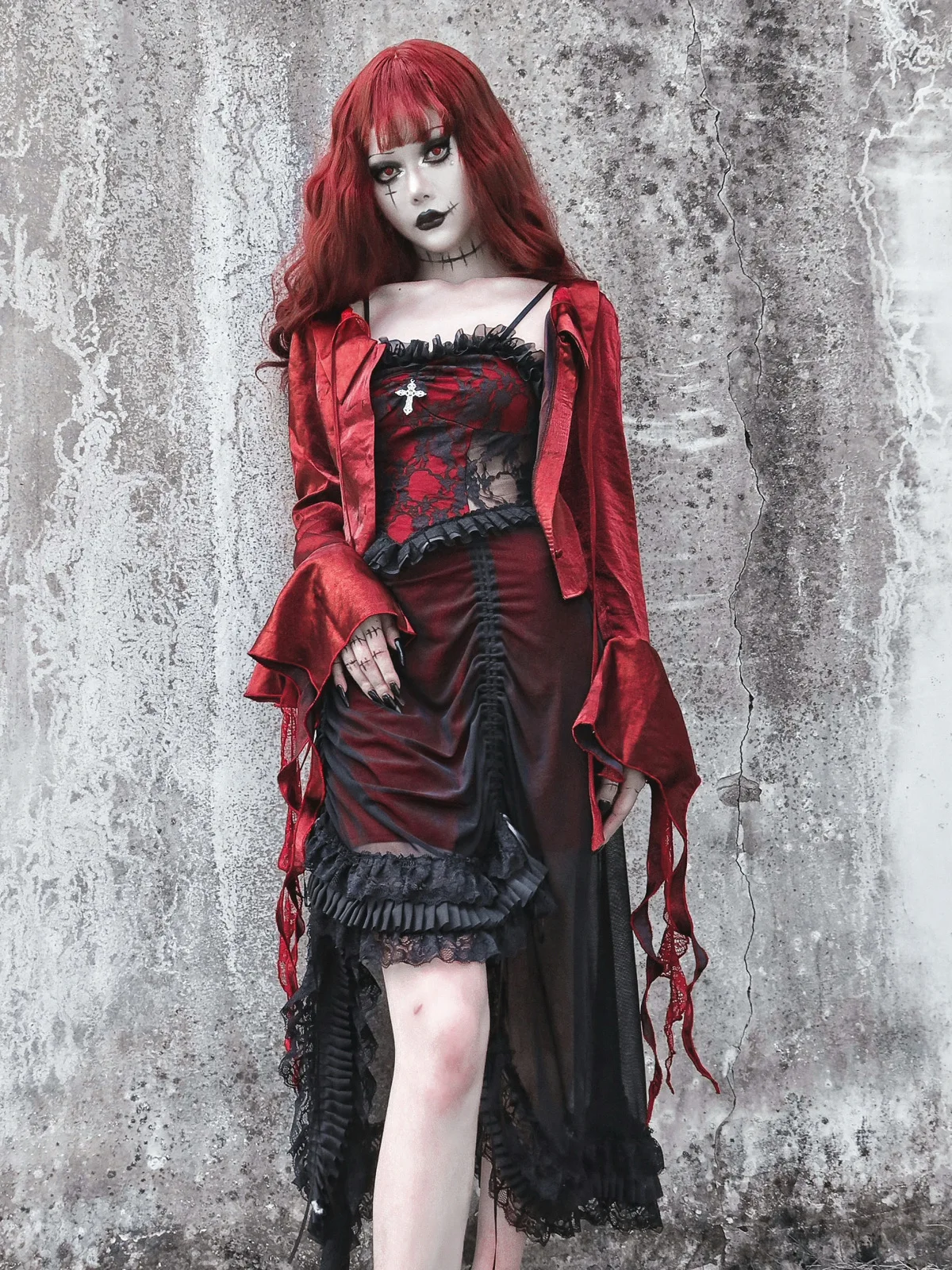 Blood Supply Original Vampire Gothic Black Red Drawstring Asymmetric Slip Dress Halloween Lace Fly Sleeve Dark Suspender Dress