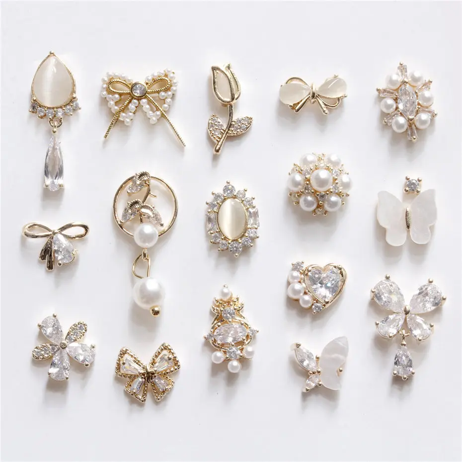 10pcs 3D Butterfly Rose Flower Alloy Nail Art Zircon Pearl Crystal Metal Manicure Nails Accesorios Supplies Decorations Charms