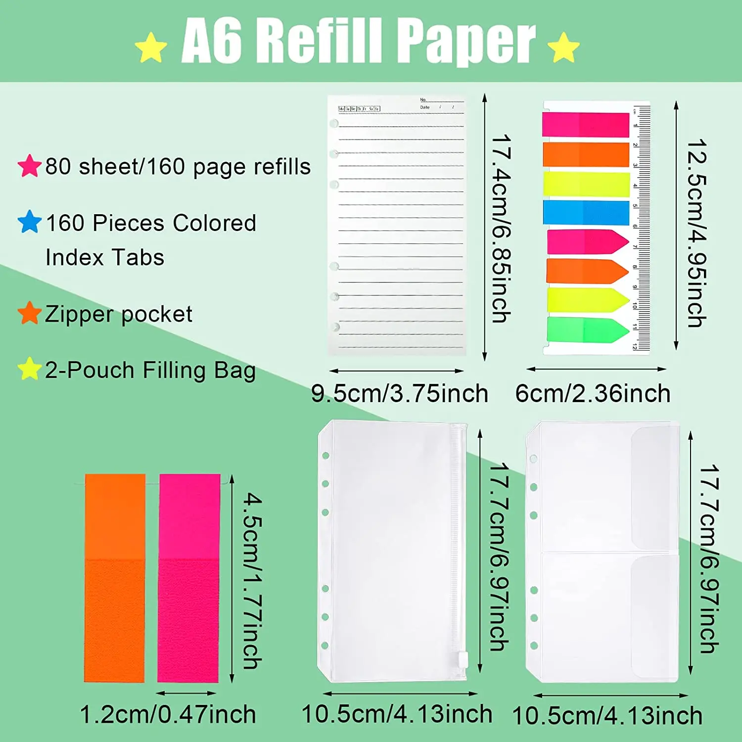 A6 Refillable Paper Set with Colorful Inserts, Lined Paper, Binder Pockets, Index Tabs, for Planner Organizer Notebook Journal