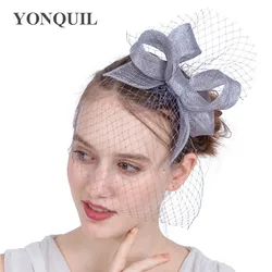 Birdcage Veils Bridal Solid Bow Fascinator Hats Silver Sinamay Vintage Hair Accessories Headband For Women Wedding Race SYF143