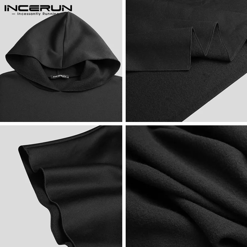 Men Loose Black Coats INCERUN Fashion Irregular Hooded Cloak Autumn Winter Man Long Sleeve Trench Retro Punk Outwear Jackets 5XL