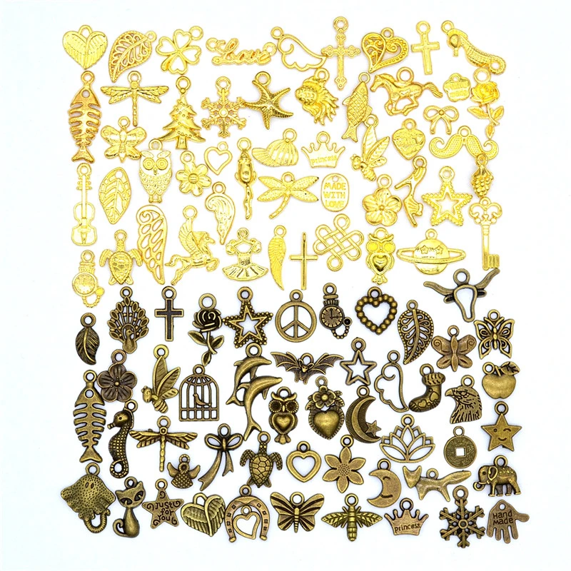 100pcs Mixed Styles Animal Heart Key Crown Charms