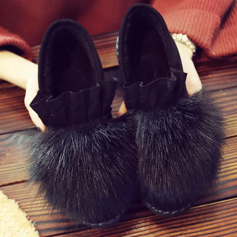 Ruffles Women Ankle Boots 2024 New Winter Warm Snow Boots Fashion Round Toe Fluffy Fur Flat Platform Casual Boots Cotton Shoes