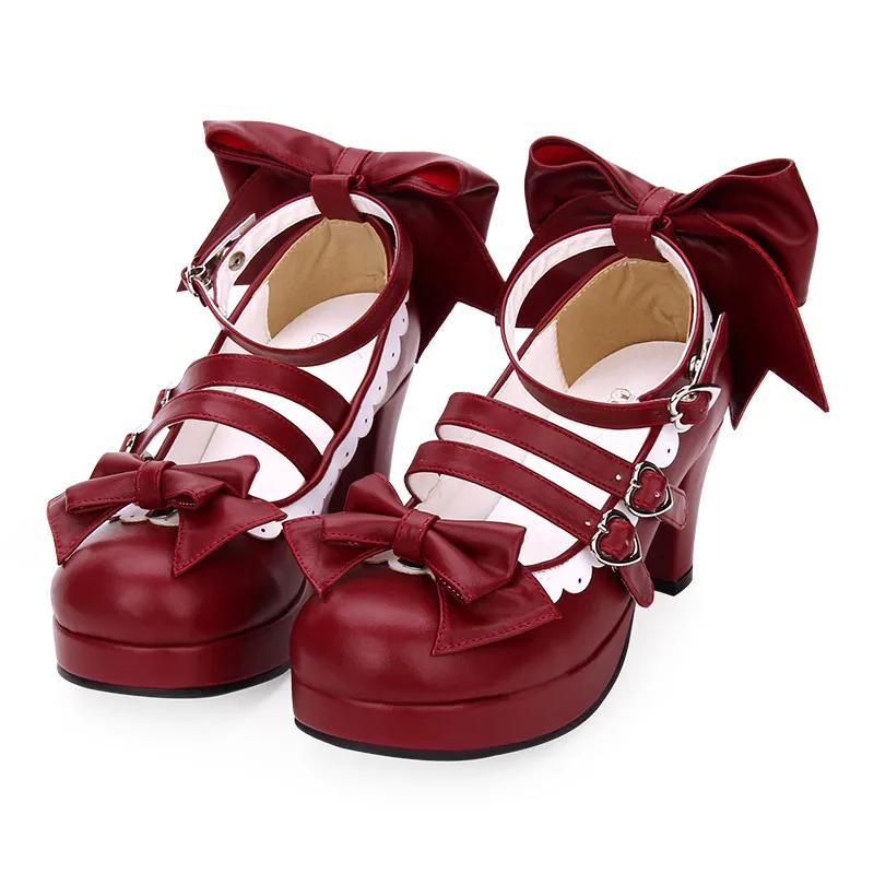 Nuove scarpe con tacco spesso Lolita Cos Lolita Bowknot pizzo testa tonda scarpe da principessa kawaii JK Uniform Lolita shoes