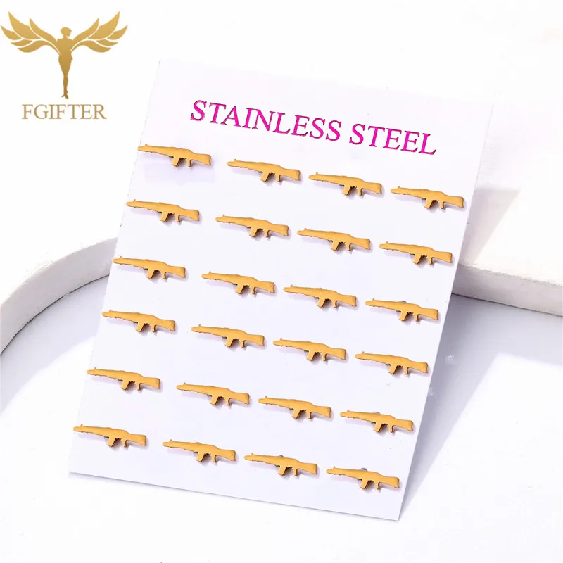 Rock Women Men Jewelry AK 47 Rifle Gun Design Stud Earrings For Boys Golden Stainless Steel Earings Wholesale 12 Pairs Pack image 2