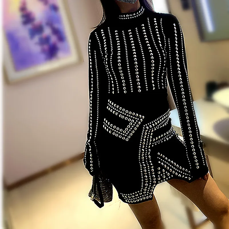 Chic Women Dresses Cut Stretch Luxury Sequins Bodycon Party Long Sleeve Black Slim Mini Dress Stand Neck Vestidos Dresses NS334