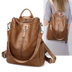 Bolsa de ombro moda feminina mochila saco de couro real multifuncional mochila viagem saco de fraldas com buraco fone ouvido