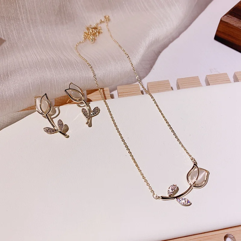 Fashion Elegant Cute Opal Rose Flower Necklace & Earrings Set for Women Delicate Micro Paved Zircon Bridal Wedding Jewelry Set