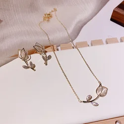 Fashion Elegant Leuke Opal Rose Bloem Ketting & Oorbellen Set Voor Vrouwen Delicate Micro Verharde Zirkoon Bruids Bruiloft Sieraden Set