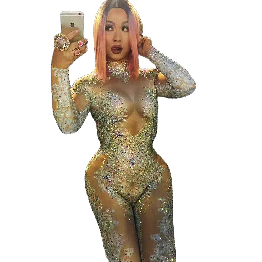Women Sparkling Rhinestones Jumpsuit Pattern Printing Rompers Ladies Nightclub Performance Costume Party Stage Dance Wear