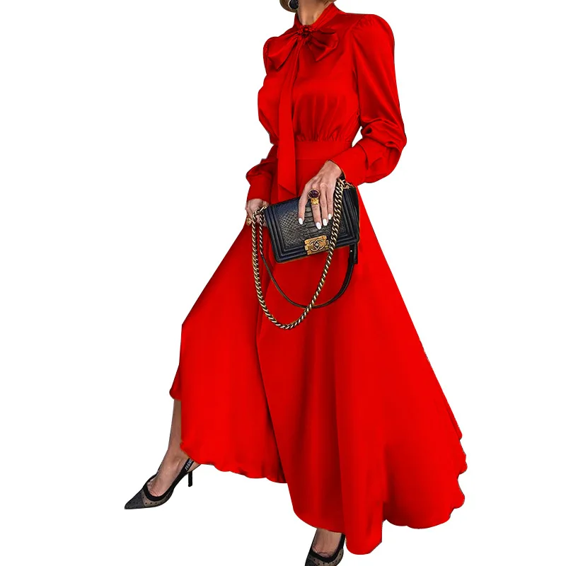 Elegant Solid Shirt Dress Women's Autumn Sundress 2021  Casual Long Sleeve Maxi Vestidos Female Bow Robe M6166