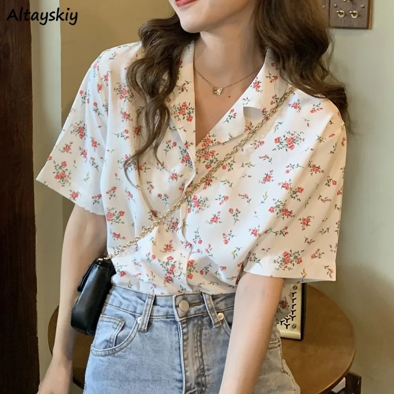 Shirts Women Summer Elegant Vintage Floral Printed Simple Office Ladies Daily Stylish Single Breasted Leisure Chic Ins All-match