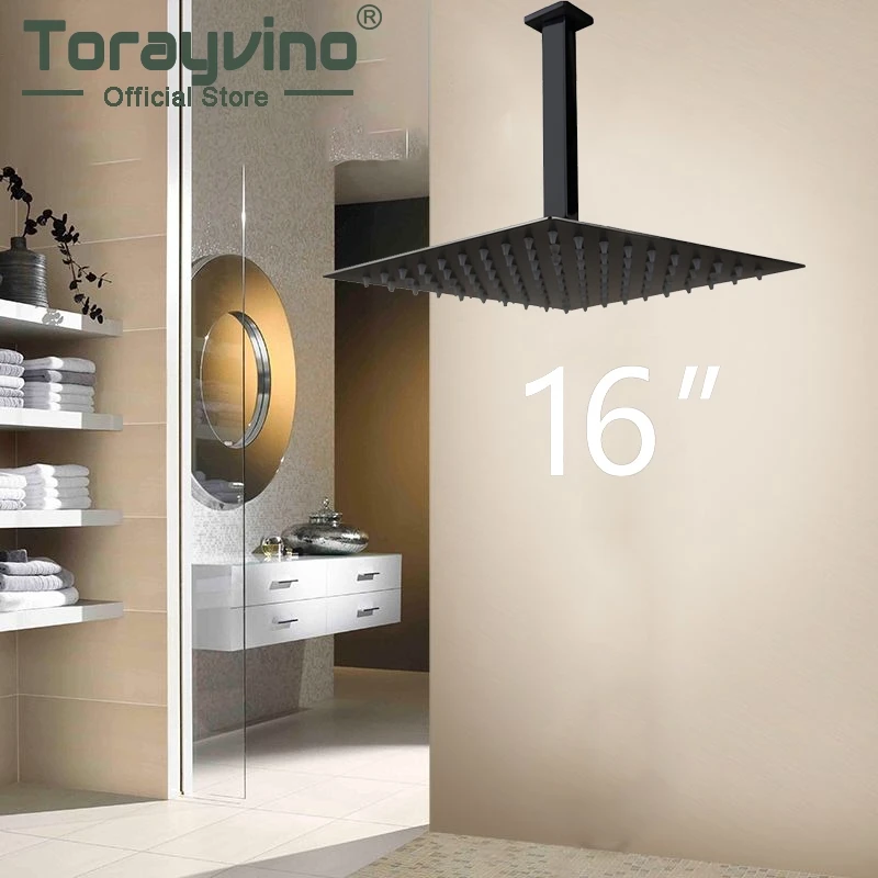 

Bathroom 16" Square Shower Head With Tube Set Ceiling Mount Matte Black Grifo Ducha Shower Head Rainfall Spray Brass Mixer Tap