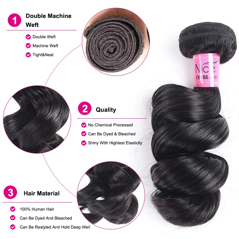 UNice Hair Loose Wave Bundles 3 PCS 100% Human Hair Bundles Natural Color Bouncy Hair Sew In Weave Bundles 16-26 Inch