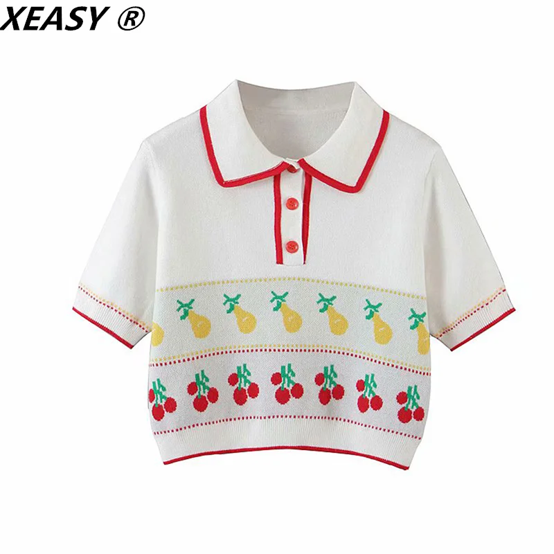 XEASY kobiet 2021 garnitur moda lato Knitting wiśni z krótkim rękawem Top + w stylu Vintage kobiet wysoka talia podziel widelec spódnica 2-sztuka