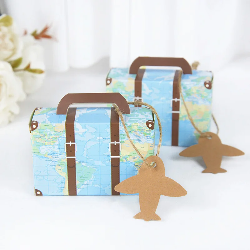 5/10pcs Travel Suitcase Shape Kraft Paper Chocolate Candy Box With Airplane Tag Wedding Gift Box Birthday Party Decoration