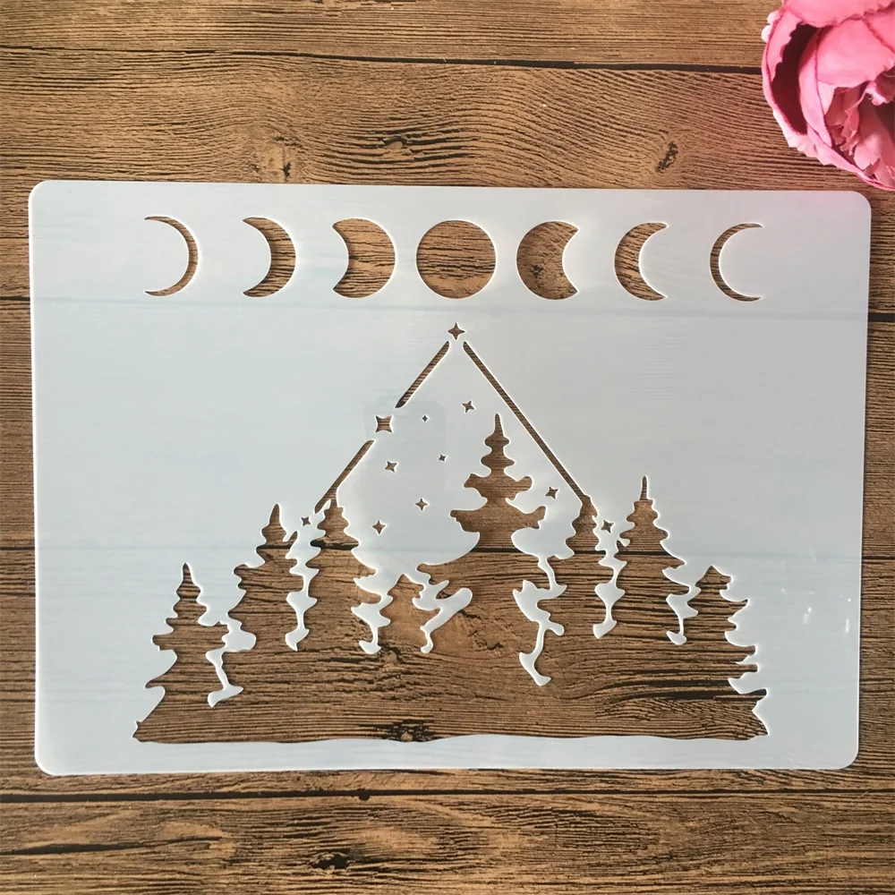 A4 29cm Phase of The Moon Forrest DIY Layering Stencils Wall Painting Scrapbook Coloring Embossing Album Decorative Template