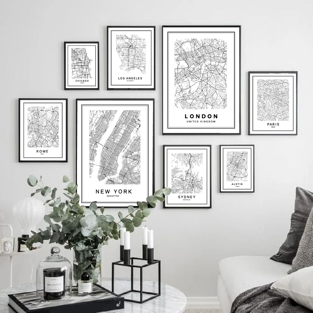 Pares de pintura en lienzo con mapa de la ciudad de Londres, Nueva York, póster, Sydney, Roma, Austin, mapa de la ciudad del mundo moderno, impresiones en lienzo, decoración del hogar