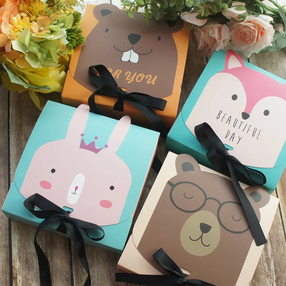 

17.5*17.5*5cm Fox Rabbit Bear Mole 10 Set Candy Cookie Paper Box Birthday Baby Shower DIY Handmade Gift Packaging