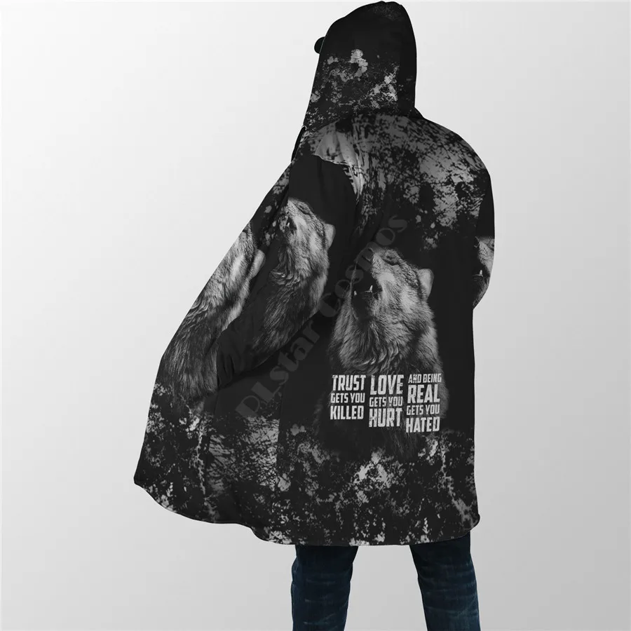 Winter Men For Women Hooded Cloak Darkness Wolf Love Gets you Hurt 3D All Over Prined Fleece wind breaker Warm Hood Cloak