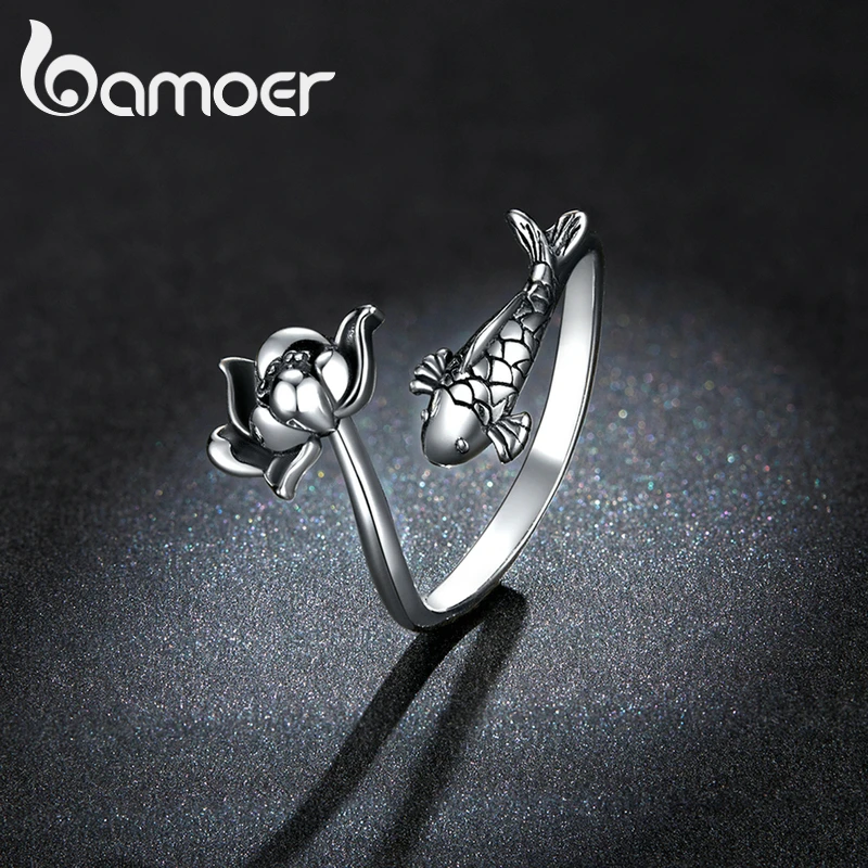 bamoer 925 Sterling Silver Natural Koi Lotus Open Ring for Women Adjustable Jewelry Statement Anniversary Gift BSR201