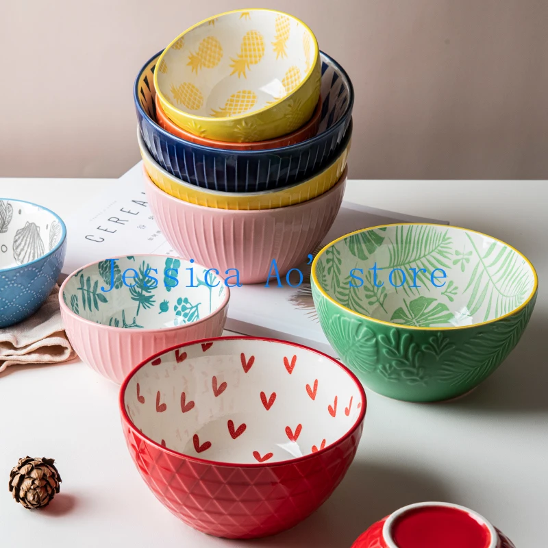 

11 15cm Cute Ceramic Bowls Embossed Noodle Bowls Relief Non-slip Rice Bowls Soup Bowls Tableware Large Salad Bowl Wholesale