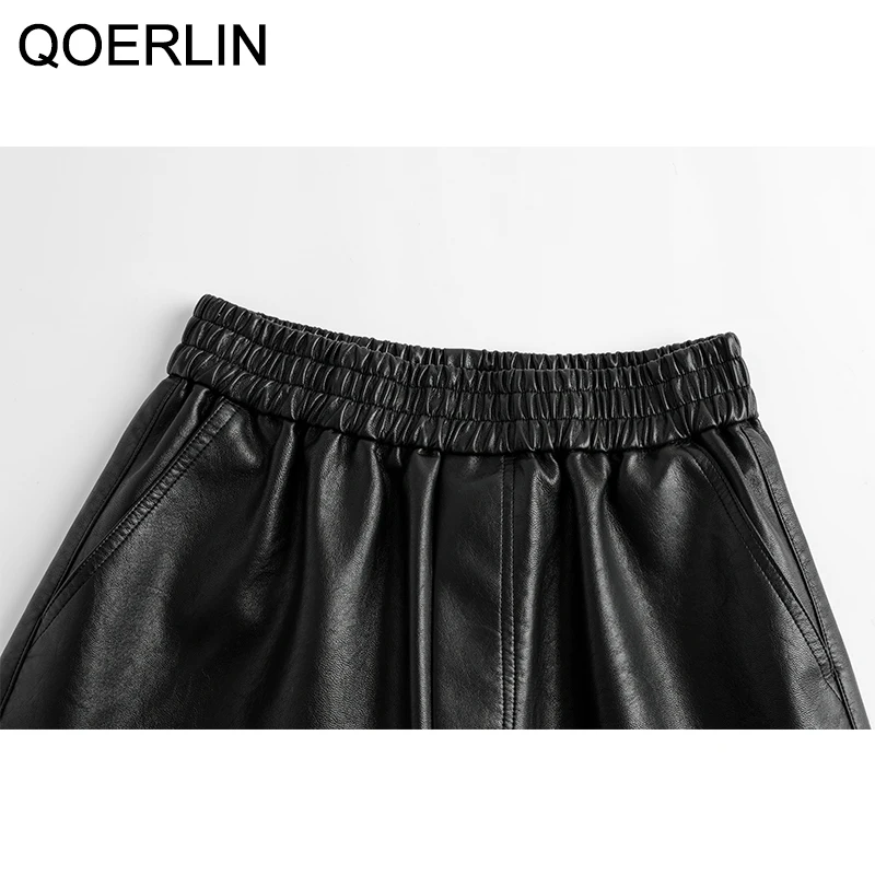 QoerliN-pantalones cortos de cuero sintético para mujer, ropa de calle informal de cintura alta, pierna ancha, prendas de vestir exteriores