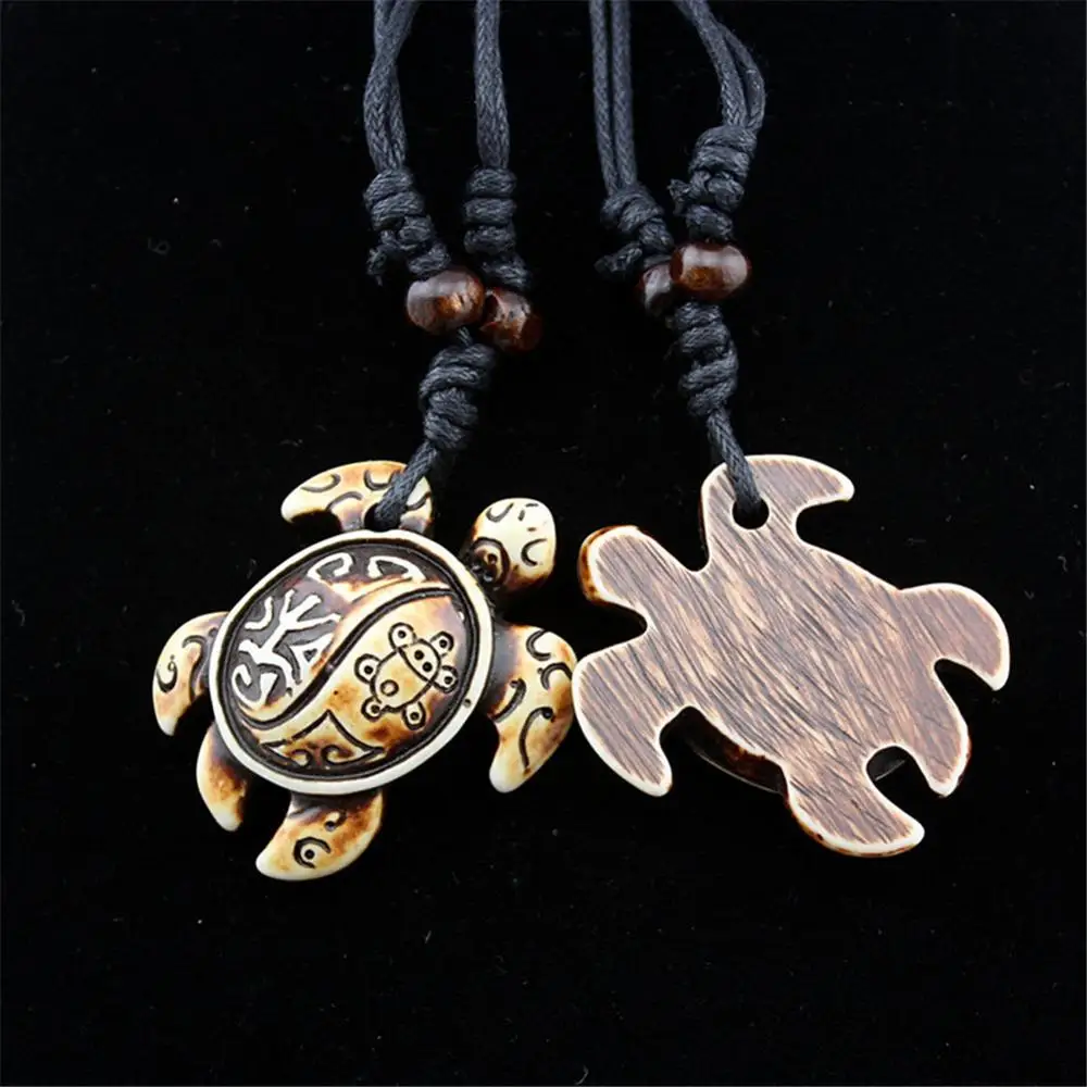 Retro Animal Turtle Pendant Necklace Mens Brown Resin Bone Carving Sea Tortoise Lucky Bead Necklace for Women Girls