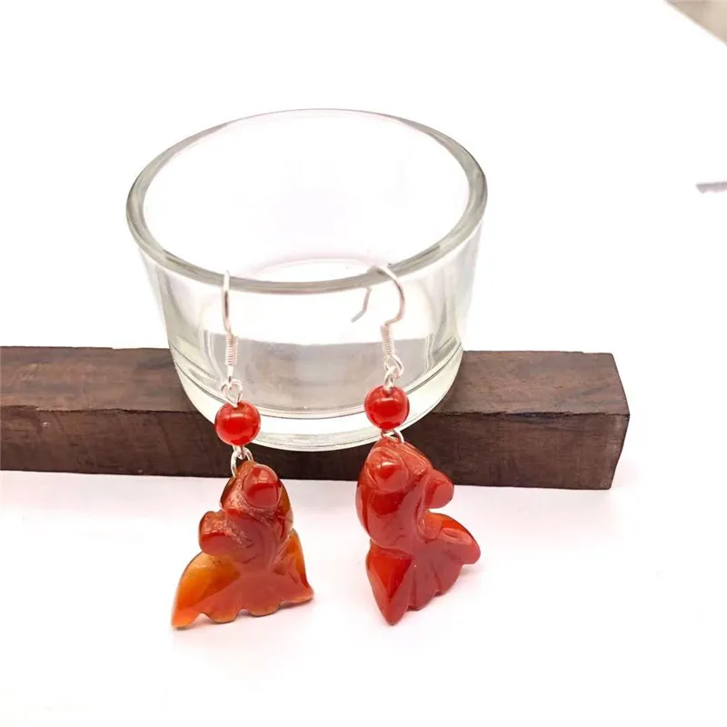 Red Agate Jade Goldfish Earrings Jewelry Crystal Charm Chalcedony Gifts 925 Silver Women Agate Natural Gemstone