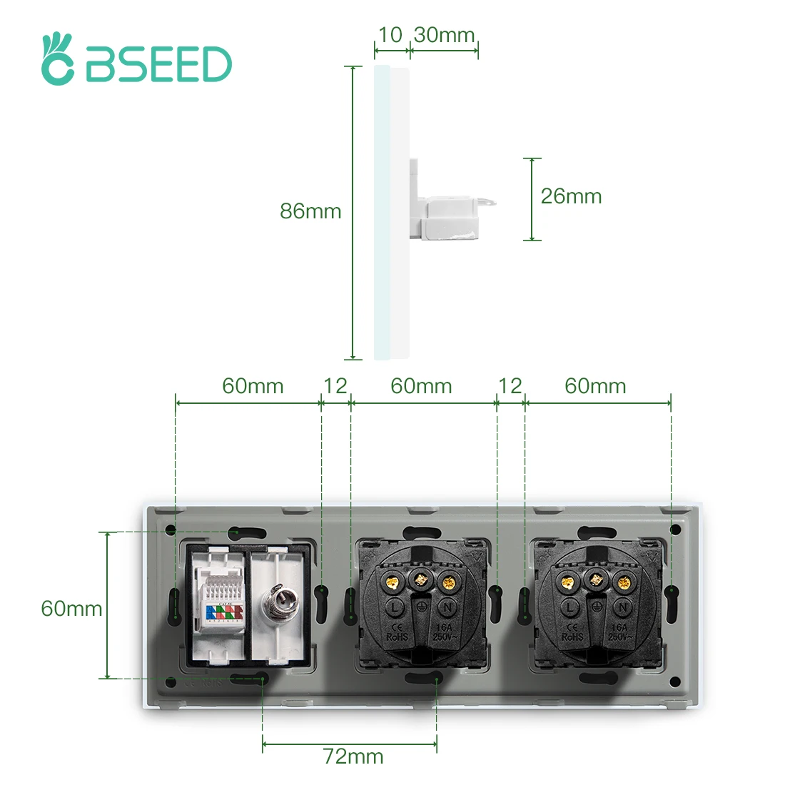 BSEED EU Standard Socket Double Frame Wall Glass Socket With Ethernet Cable TV Mult Socket Panel Charging Interface Power Outlet