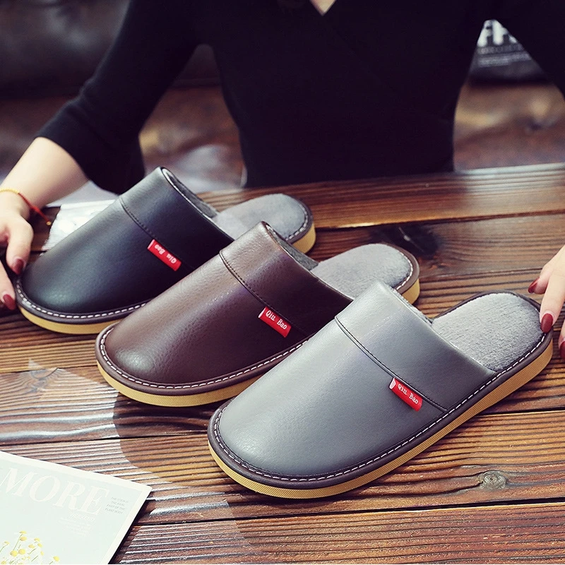 Coffee mens winter slippers short plush indoor shoes unisex fashion leather slipper man bedroom foot wear