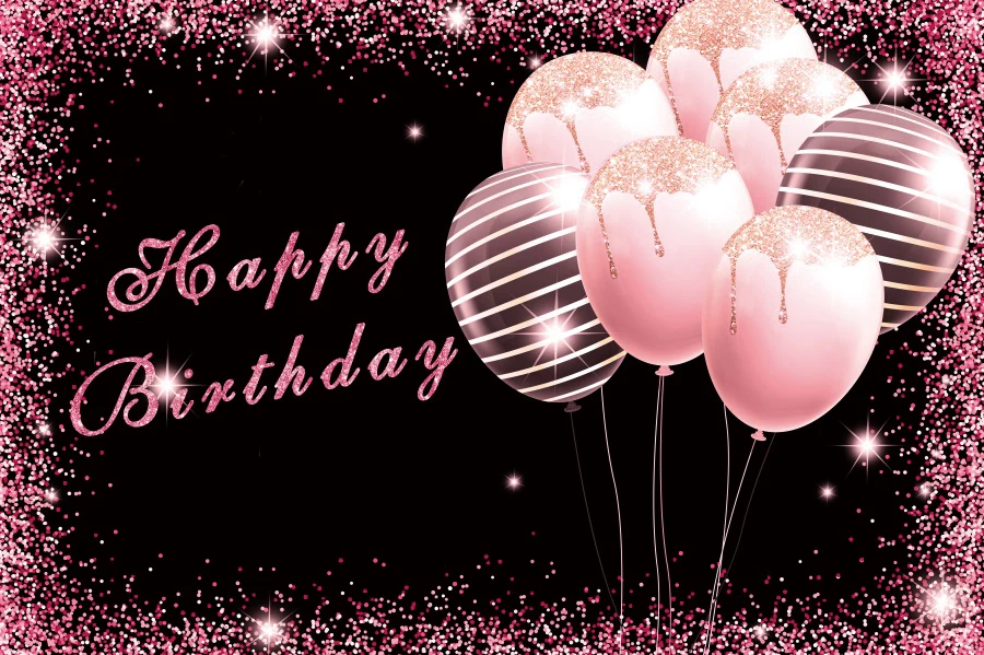 Laeacco fondali neri per fotografia festa di buon compleanno palloncini glitter rosa Banner personalizzati Poster sfondi fotografici