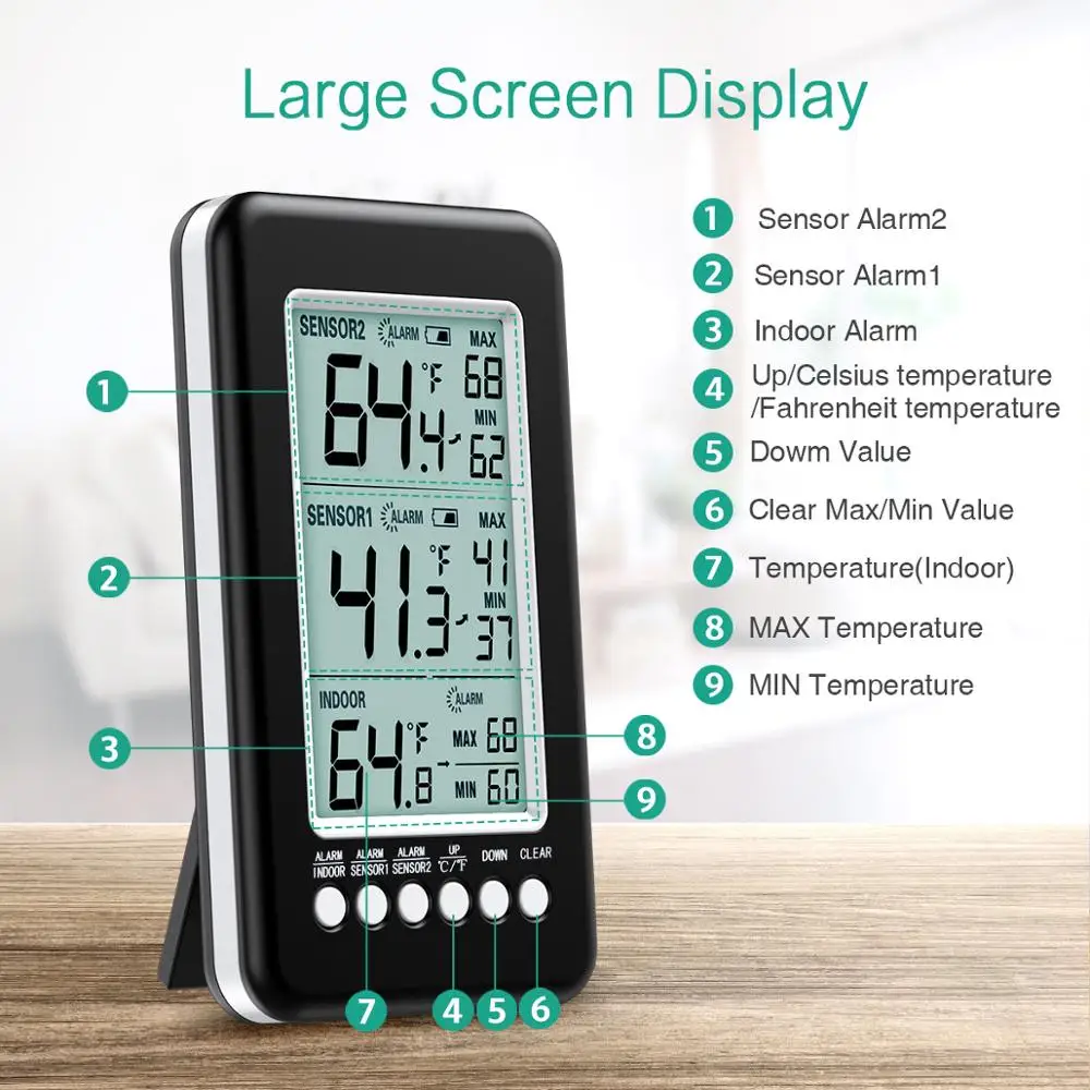 ORIA Refrigerator Thermometer 2 Wireless Sensors Indoor Outdoor Thermometer Digital Freezer Thermometer Audible Alarm