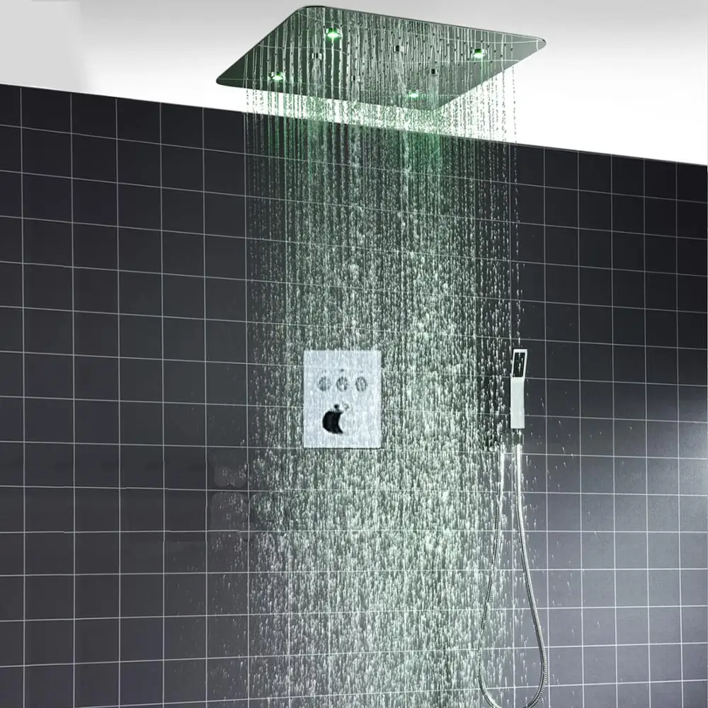 Bathroom Ceiling Mounted Square 20inch Remote LED Shower Head Set Massage Faucet Tap Thermostatic Mixer Valve Switch