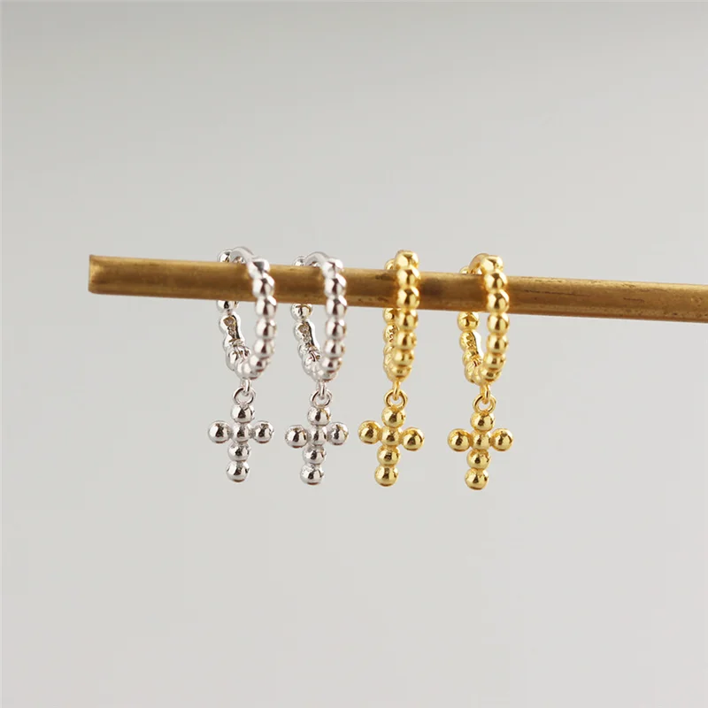 WANTME-925 Sterling Silver Cross Stud Earrings para Mulheres, 100% Genuíno, Contas Redondas, Punk, Hip Hop, Boêmio, Jóias de Festa, Moda