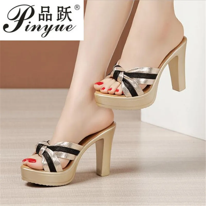 Plus Size 32-43 Open Head Block Heel Platform Slippers Summer  Stripe Elegant High Heels Slides Office Party Shoes