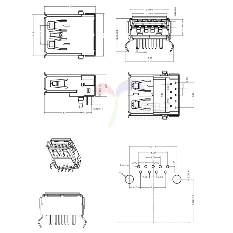 2Pcs USB 3.0 Type-A Female 9 Pin DIP Socket Connector