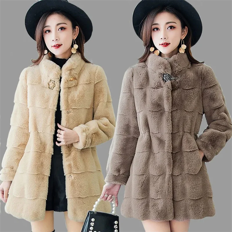 2022 Autumn/Winter Female New High-end Waist Slim Eleghant Thicken Mid-length Faux Fur Jacket Danish Mink Velvet Coat Women A7