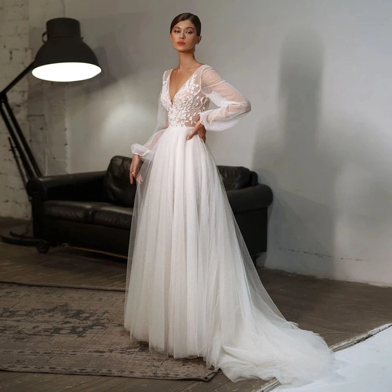 2020 langen Ärmeln Boho Hochzeit Kleider Sexy V-ausschnitt Puff Sleeve Spitze Appliques Dot Tüll Braut Kleid Strand EINE linie vestido De Noiva