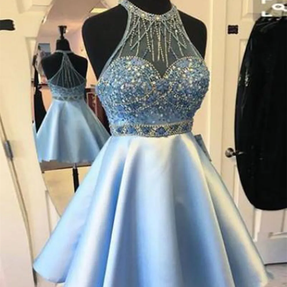 

2021 New Arrival Crystal Beaded Homecoming Dress Sky Blue Cheap Short Party Cocktail Dress Mini Prom Evening Graduation Pack