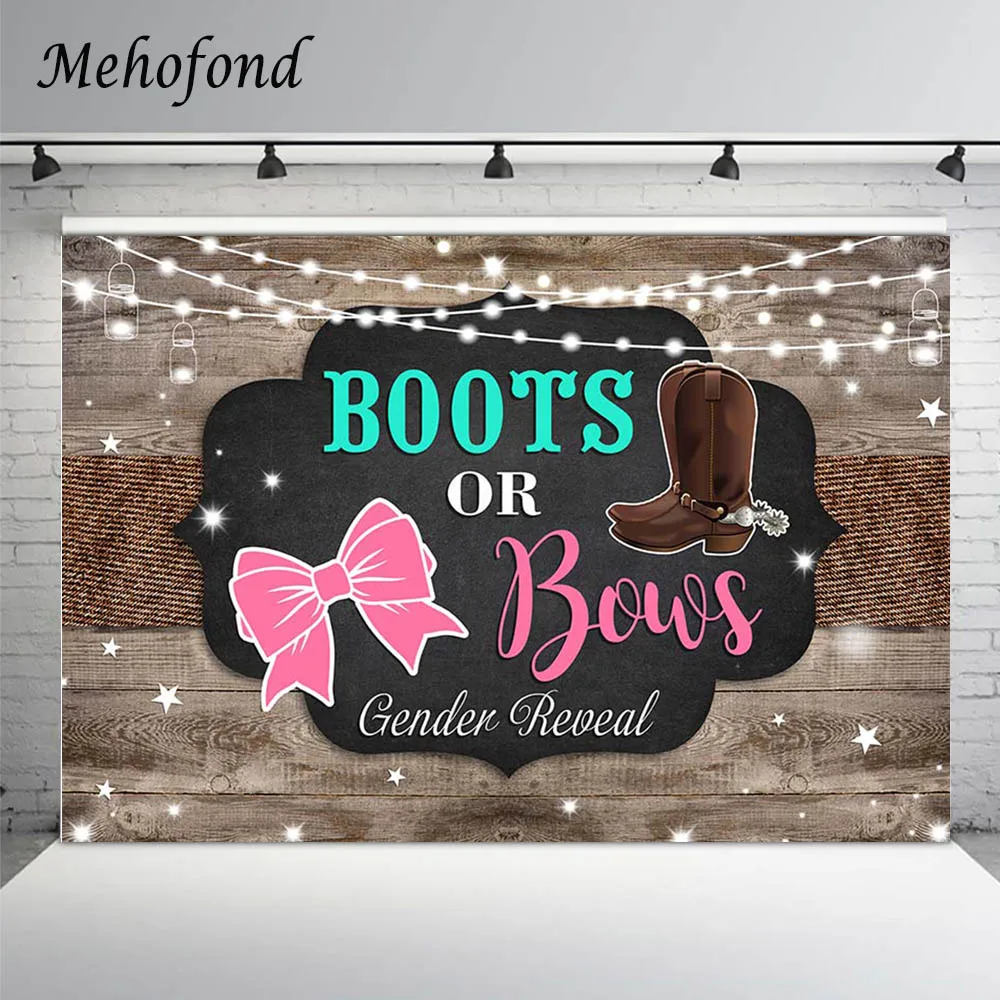 

Mehofond Boots Or Bows Gender Reveal Party Background For Photography Rustic Wood Boy Or Girl Unisex Baby Shower Party Bakdrop