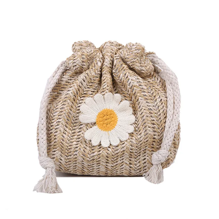 Women Sunflower Embroidery Straw Bucket Bag Wild Style Crossbody with Drawstring Mini Messenger Bag Crossbody Bags