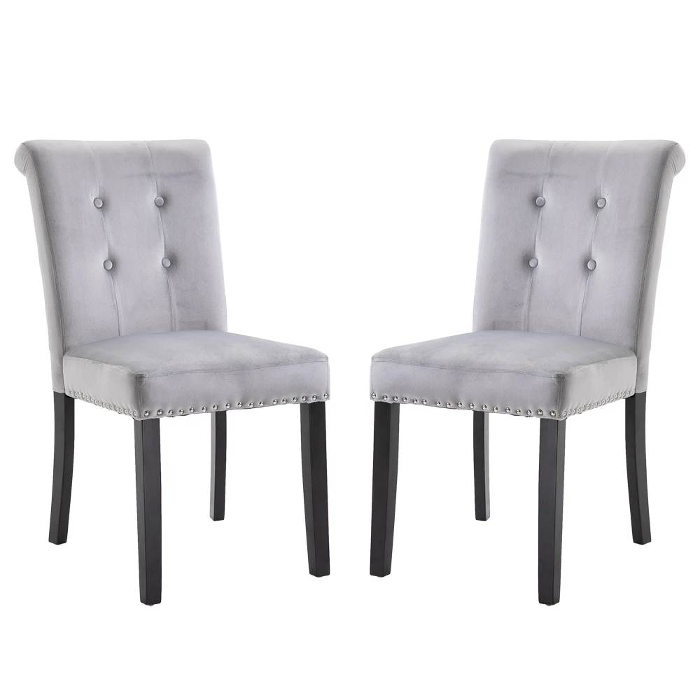 2 Sets Manicure Dining/Accent/Dressing Chair Stool Velvet Fabric Rubber Wood Legs Cushion Raw Cotton Density Silver Gray[US-W]