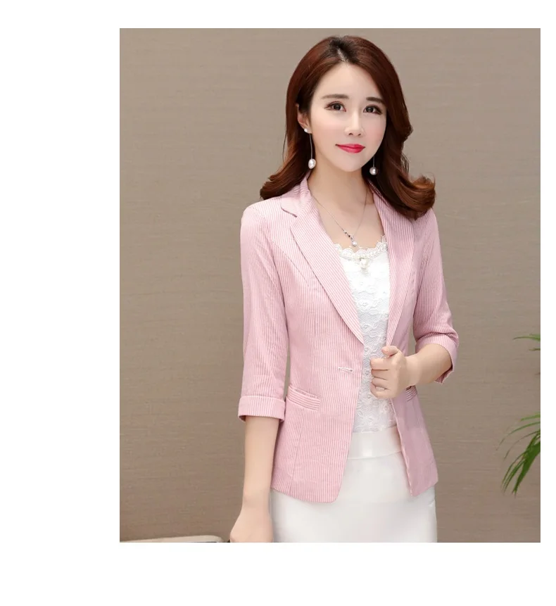 Elegant Women's Stripe 3/4 Sleeve Suit Jacket 2026 Spring Summer Thin Slim Outwear Single Button Female Office Blazer Coat Tops