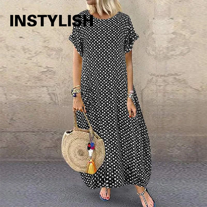 

Summer Women Boho Short Sleeve O Neck Polka Dot Long Dress Casual Pockets Oversize Dress Beach Holiday Sundress Tunic