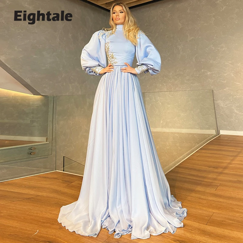 Eightale Arabic Evening Dresses High Neck Beaded Long Puffy Sleeves A-Line Satin Muslim Dubai Kaftan Prom Gown Party Dress 2021