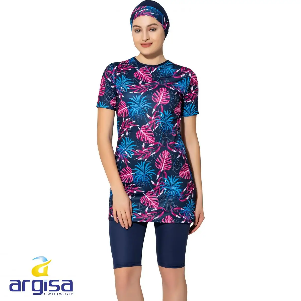 Argisa 7830 Mezza Manica Foglia Patterned Semi Burkini Abbigliamento Spiaggia Per Musulmani 38-52 più il Formato Hijab Islamico Costume Da Bagno di