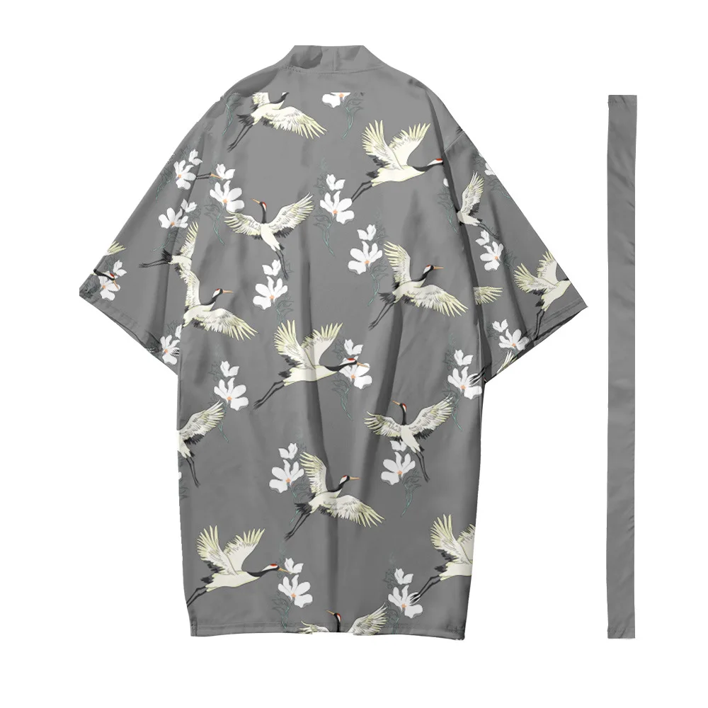 Japońskie Kimono czarny nadruk żurawia sweter z paskiem mężczyźni kobiety lato Haori samuraj Streetwear koszula Kimono Haori Yukata