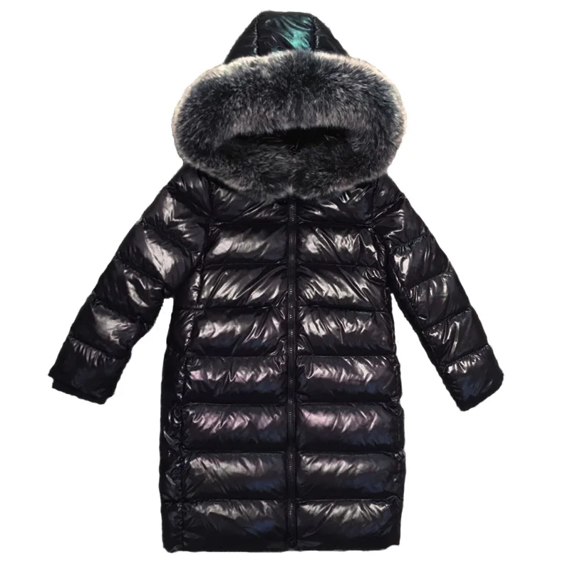 Size 85-150 cm Girls Boys Clothes Winter Shinning Long Down Baby Kids Children Thick Warm Real Fur Hooded Coat Outer Wear Long