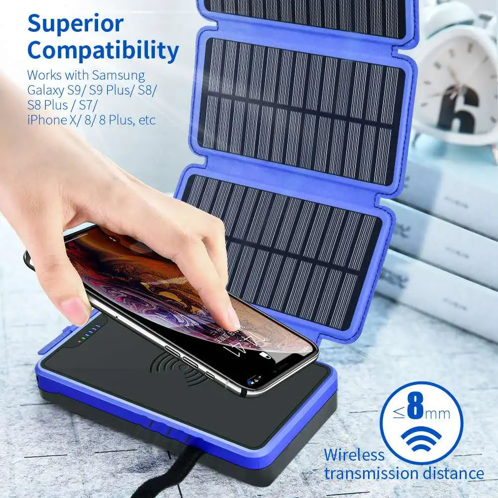 Imagem -03 - Prova Impermeável Água de Carregamento sem Fio Solar Power Bank Bateria de Energia Portátil para o Telefone com Dobrável 4.5w Painel Solar Mais Led 20000mah à